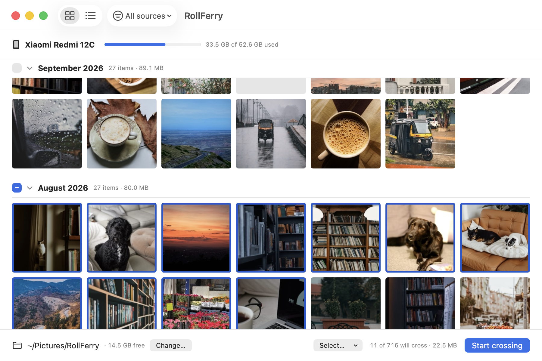 RollFerry on macOS: a Xiaomi Redmi 12C, 33.5 GB of 52.6 GB used, with photo thumbnails under pinned month headers — September 2026, 27 items · 89.1 MB, and August 2026, 27 items · 80.0 MB, whose tiles are outlined blue as selected. Along the bottom: ~/Pictures/RollFerry · 14.5 GB free, “11 of 716 will cross · 22.5 MB” and a Start crossing button.