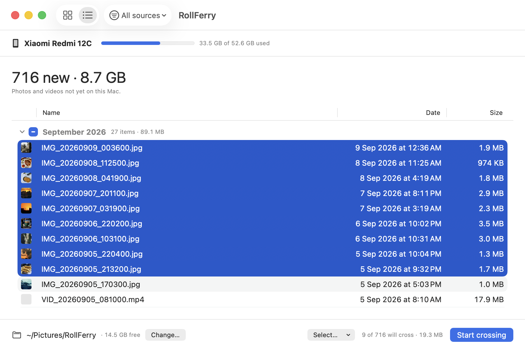 RollFerry’s list view: the headline “716 new · 8.7 GB” over “Photos and videos not yet on this Mac.”, then a table of Name, Date and Size under a September 2026 header of 27 items · 89.1 MB, with nine rows selected and “9 of 716 will cross · 19.3 MB” along the bottom.