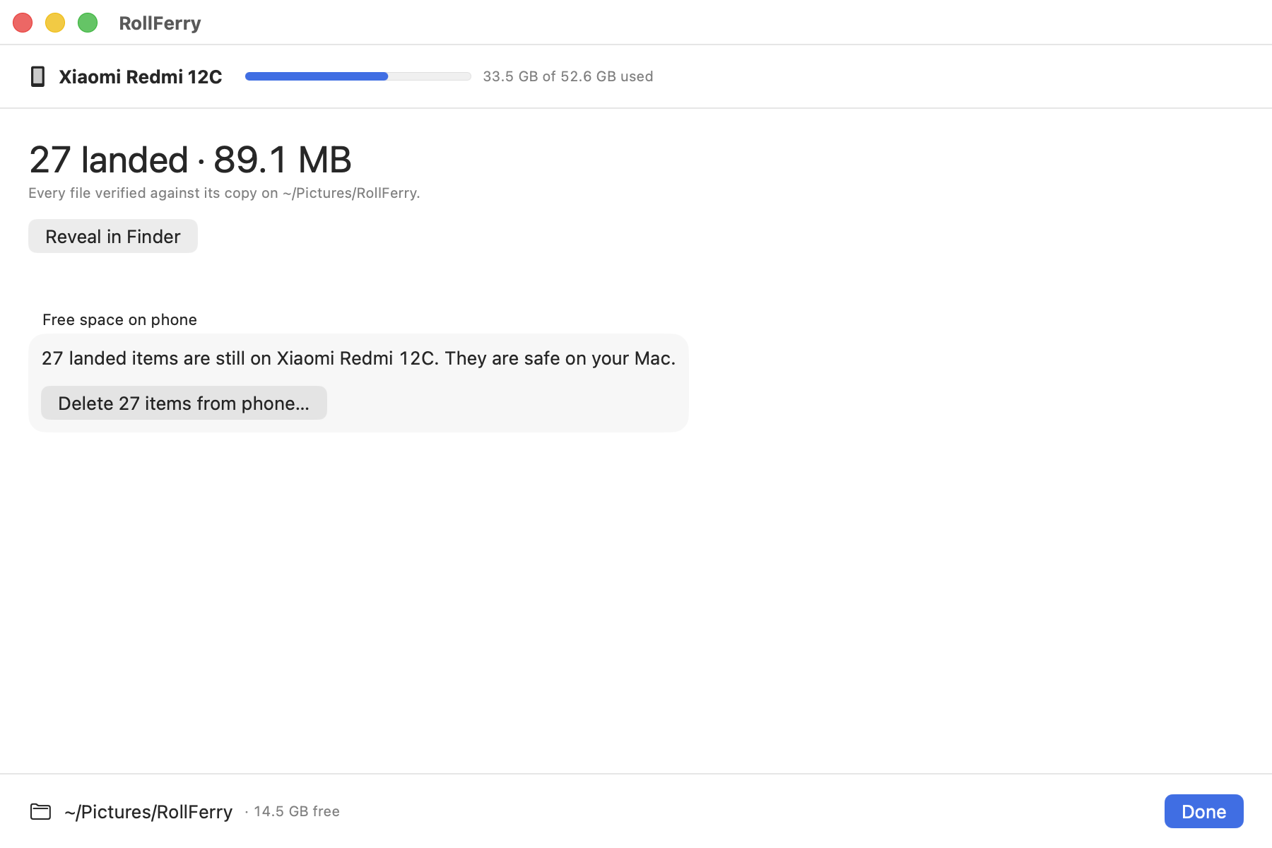 The landed screen: “27 landed · 89.1 MB” over “Every file verified against its copy on ~/Pictures/RollFerry.”, a Reveal in Finder button, and a separate Free space on phone block reading “27 landed items are still on Xiaomi Redmi 12C. They are safe on your Mac.” above a Delete 27 items from phone… button.