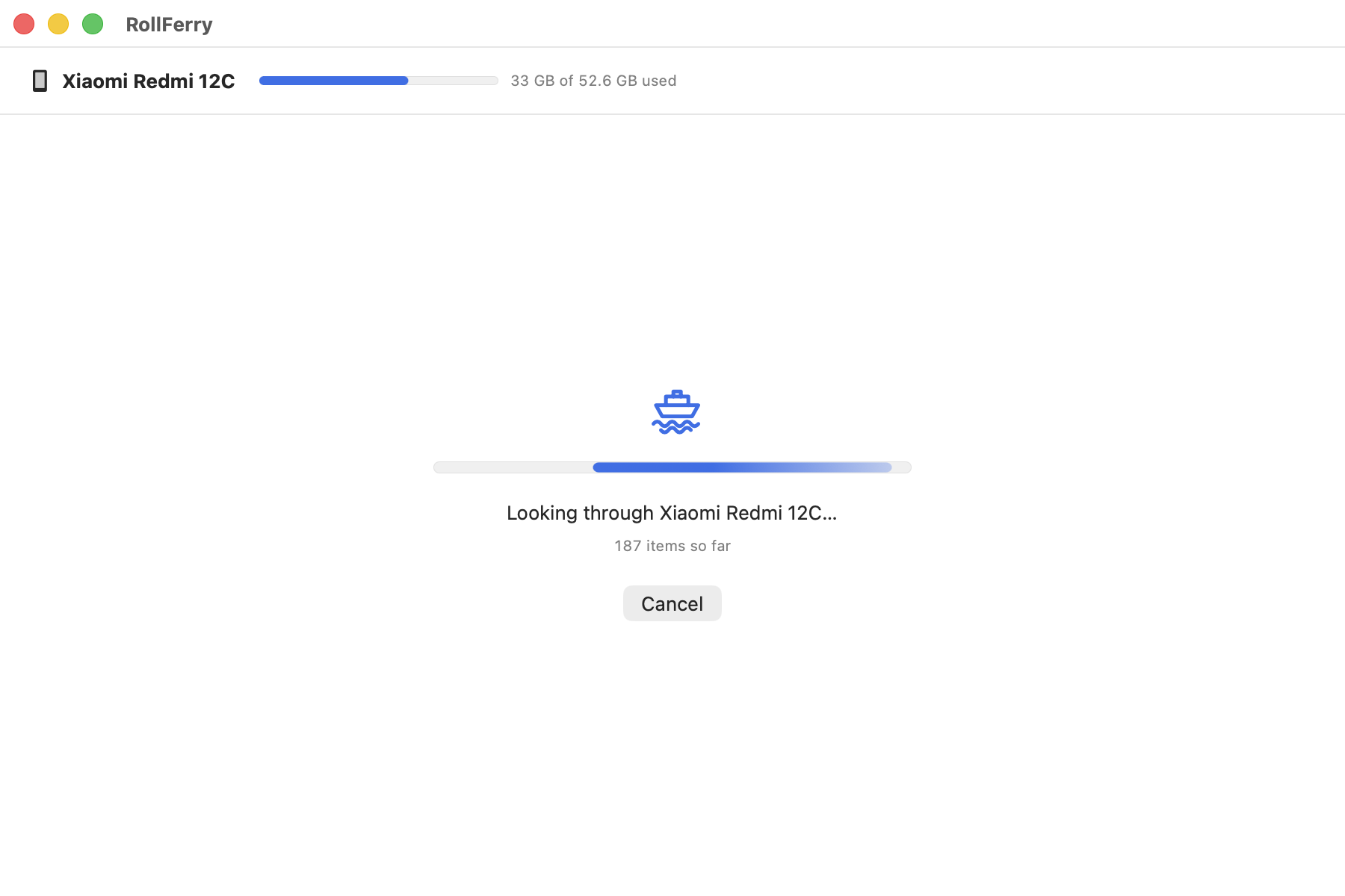 RollFerry scanning a Xiaomi Redmi 12C: the ferry mark above a progress bar, the line “Looking through Xiaomi Redmi 12C…”, a running count reading “187 items so far”, and a Cancel button.